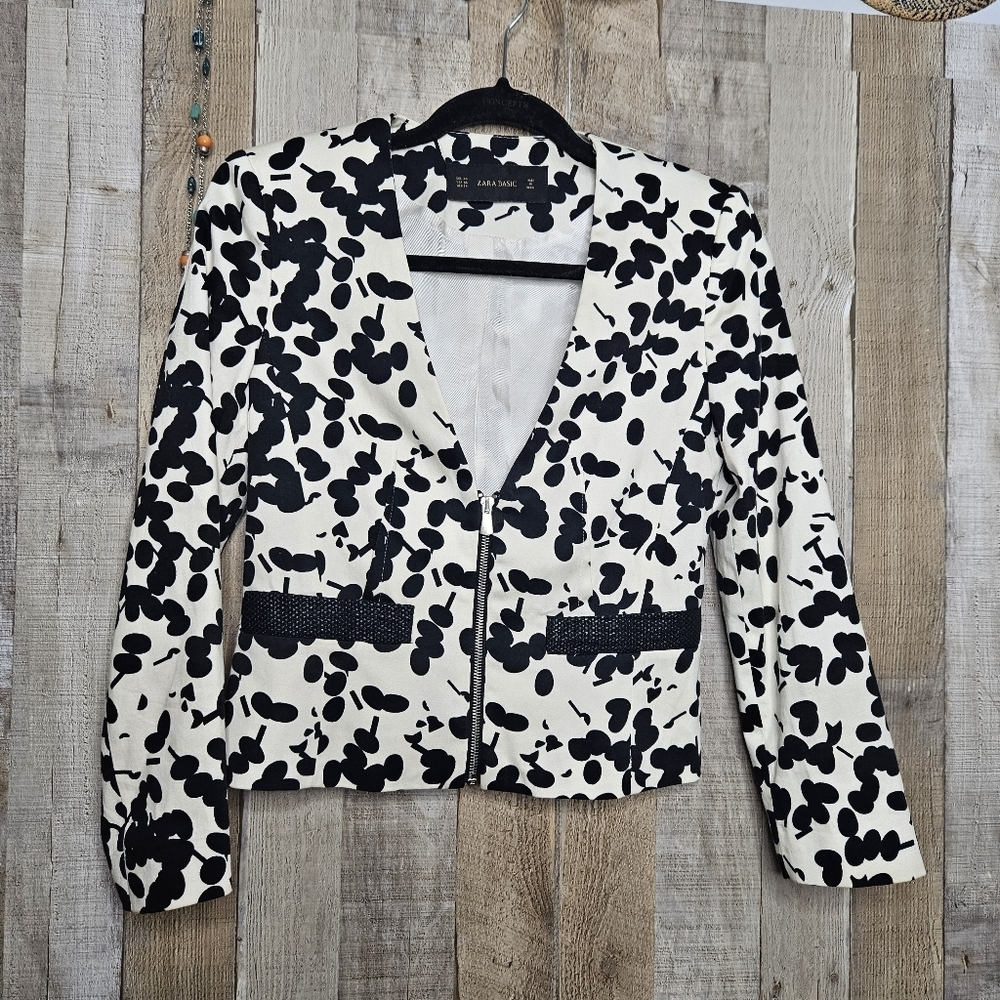 Zara Cotton Ecru Black Dot Blazer Jacket Zip Front V-neck Crop Size XS
